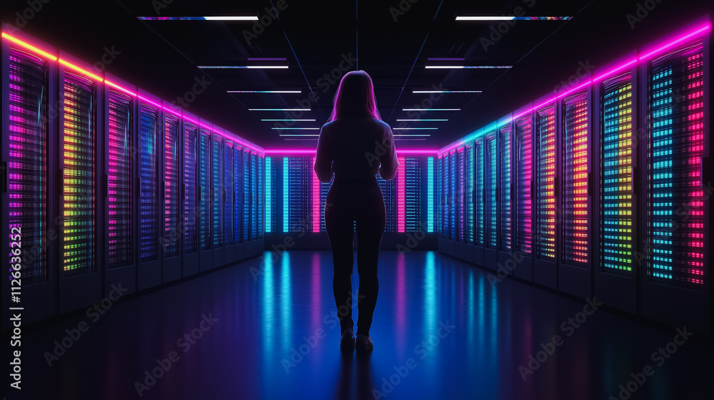 Poster a woman stands in front of a row of computer servers