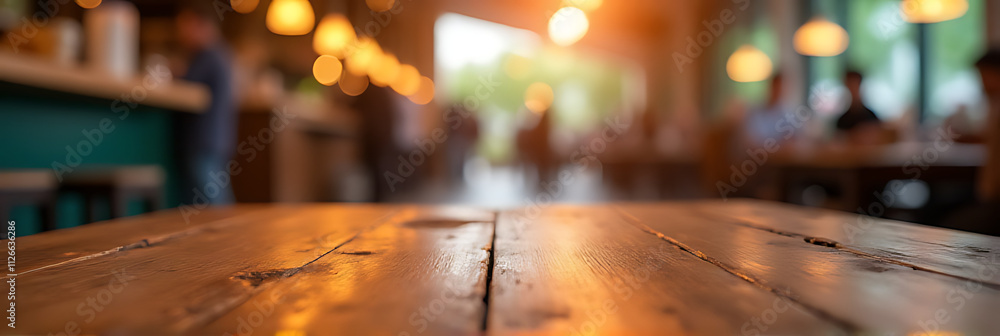 Aufkleber a beautifully crafted wood table top with a blurred colorful light bokeh effect in a busy cafe or re