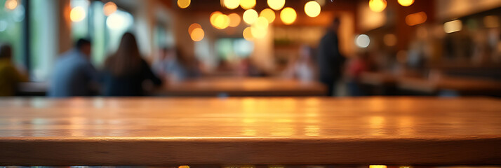 A beautifully crafted wood table top with a blurred colorful light bokeh effect in a busy cafe or restaurant setting._00002_