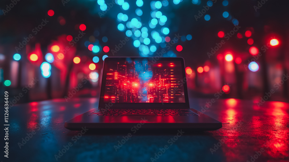 Poster a laptop is turned on and displaying a bright screen. the image has a futuristic and technological v