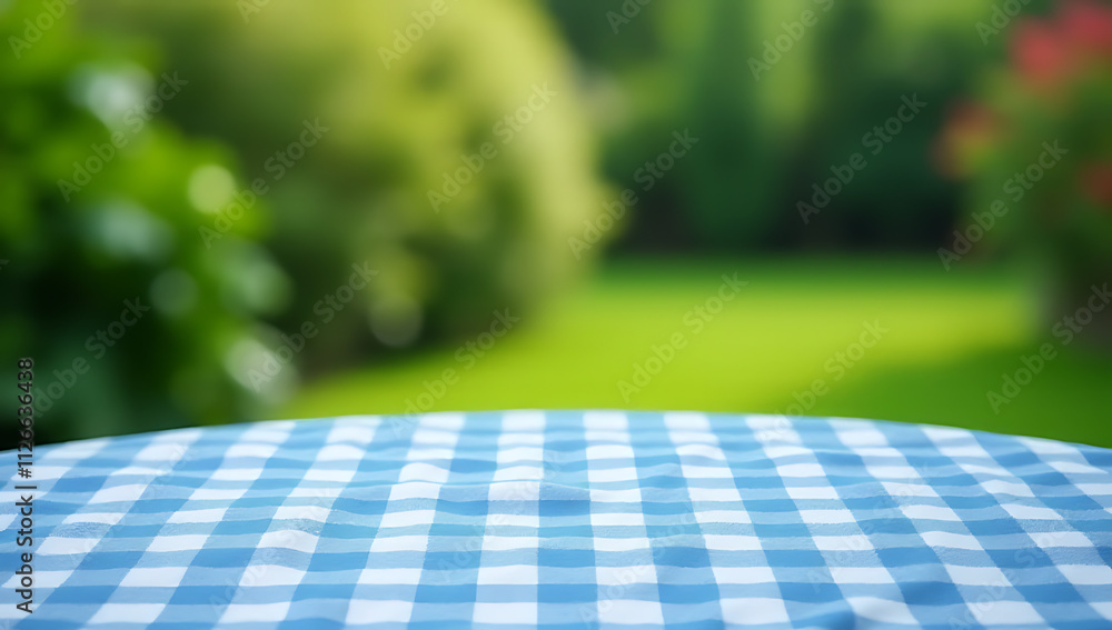 Poster a blue checkered tablecloth is partially visible from above, with an abstract green background of a 