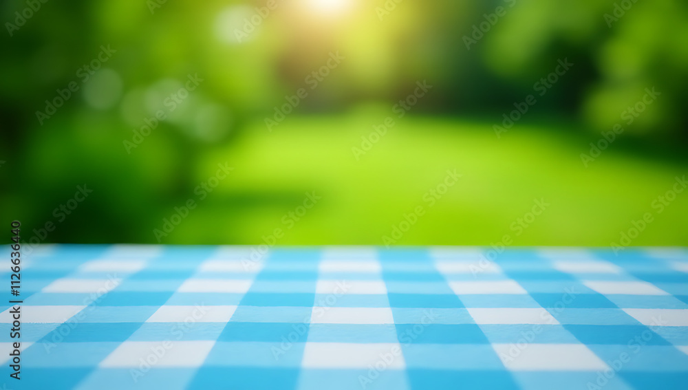 Poster a blue checkered tablecloth is partially visible from above, with an abstract green background of a 