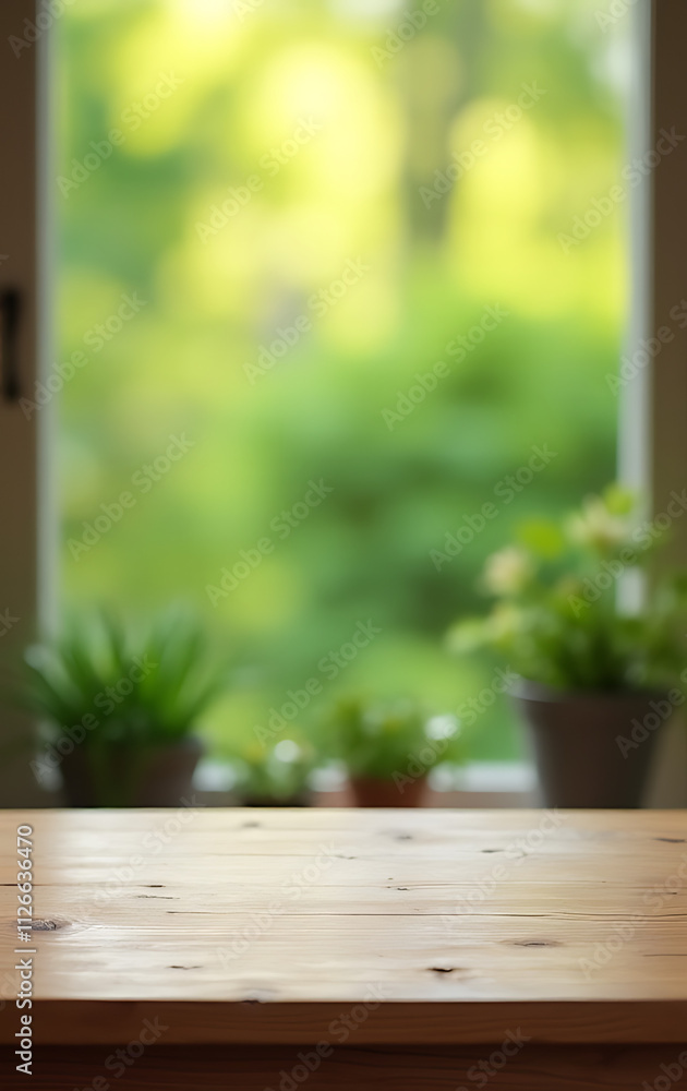 Poster A blurred abstract image of a green garden is visible through the window above an empty wooden table top._00002_