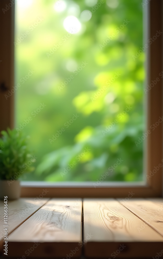 Poster A blurred abstract image of a green garden is visible through the window above an empty wooden table top._00001_