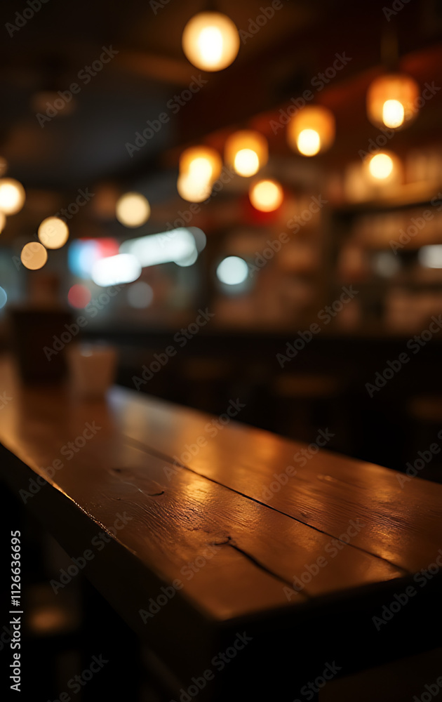 Poster a blurred wooden bar table is seen in a dimly lit night cafe with intentional selective focus effect