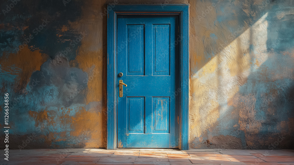 Aufkleber a blue door with a gold handle sits in front of a wall. the door is open and the sunlight is shining