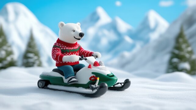 Festive Polar Bear Riding Snowmobile in Snowy Mountains