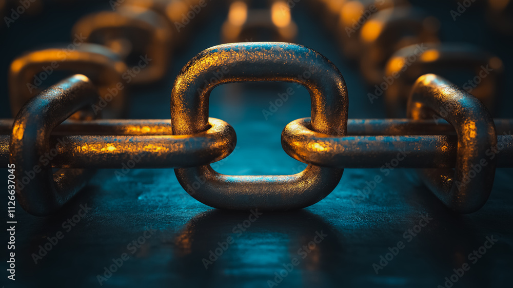 Poster a chain of gold links is shown in a close up. the chain is made up of many links, and the links are 