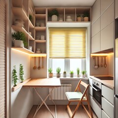 Small Functional Kitchen with Plants and Warm Lighting