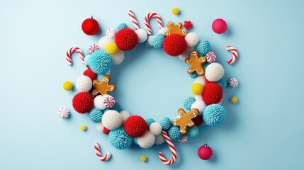 Obraz premium Cheerful Cartoon Wreath with Colorful Pom Poms and Candy Accents on Light Blue Background, Perfect for Holiday and Festive Themes