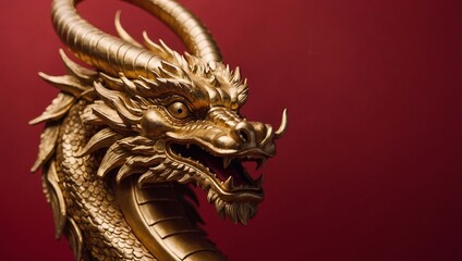 Fototapeta premium Chinese New Year. Golden dragon on red background. Wishes of happiness, hieroglyphs.