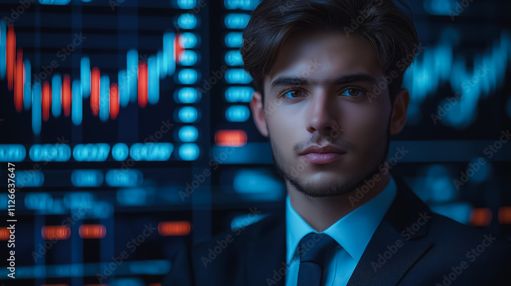 Poster a man in a suit and tie stands in front of a computer screen with a lot of numbers and graphs