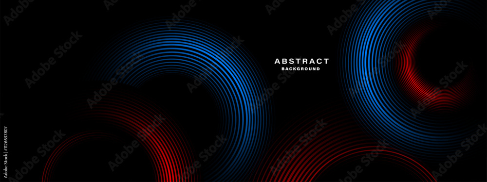 Poster Abstract concentric red and blue line pattern on black background vector.