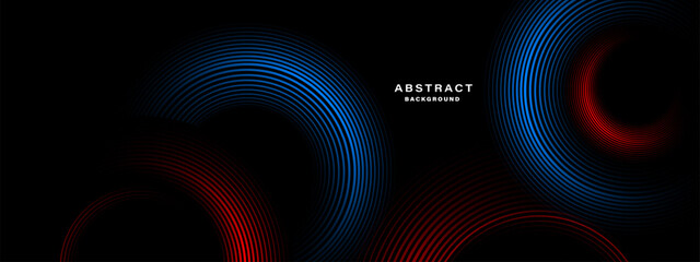 Abstract concentric red and blue line pattern on black background vector.