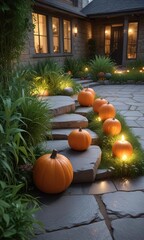 A cluster of lit pumpkins arranged on a stone patio, surrounded by lush greenery and tall grasses , outdoor lighting, fall ambiance, candles