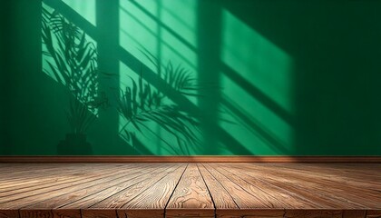 Light softly filters through, casting intricate shadow patterns, highlighting vibrant emerald green hues, within a luxurious studio palace setting. Background features summer ambiance, focusing on an 