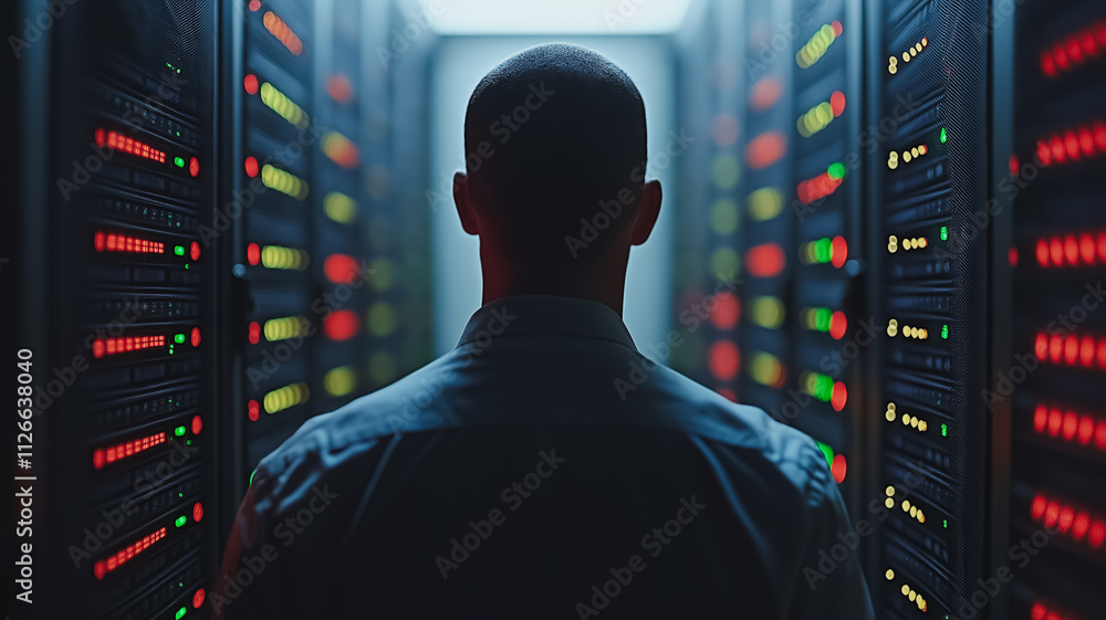 Poster a man stands in front of a row of computer servers. the servers are lit up with red and green lights