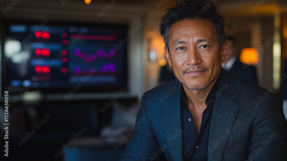 Poster a man in a suit is sitting in front of a television screen with a red number on it