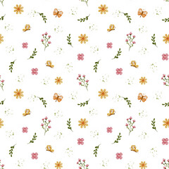 Seamless Watercolor Floral Pattern with Tiny Wildflowers, Romantic Garden Motif for Fabric Design