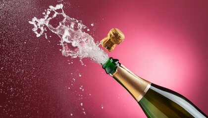 Celebrate in Style: A Bottle of Champagne Popping with a Festive Spray of Confetti Against a Vibrant Pink Background for Your Special Occasions