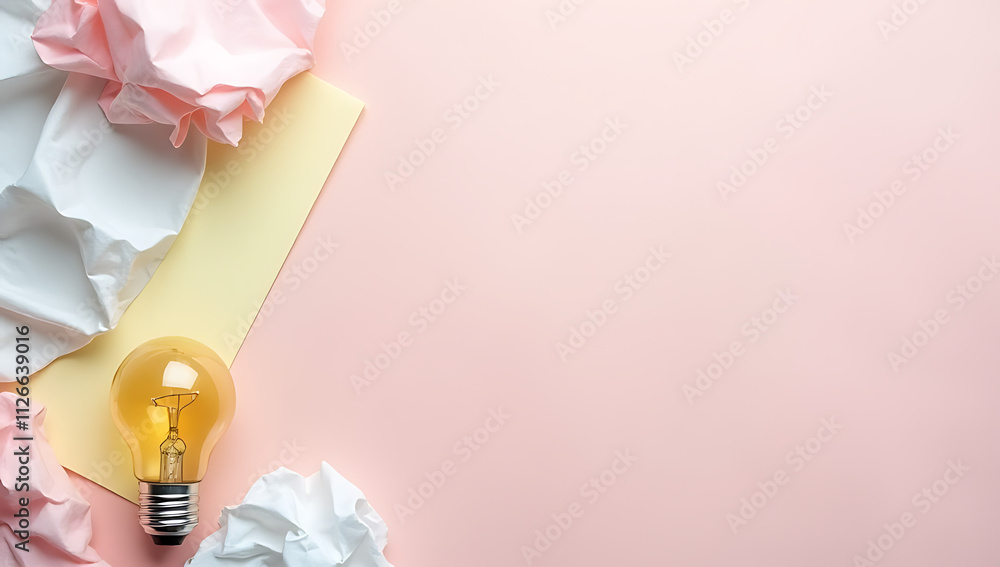 Poster a creative workspace features a lightbulb, crumpled paper, and a pastel colored background in a flat