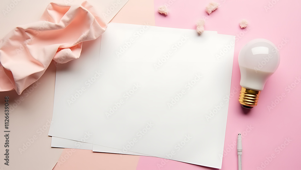 Poster a creative workspace features a lightbulb, crumpled paper, and a pastel colored background in a flat