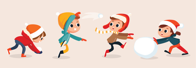 Children building snowman together and having snowball fight in forest during snowfall. Kids jumping, running and throwing a snowball. Kids making a snowballs. Little boy skiing down the hill.