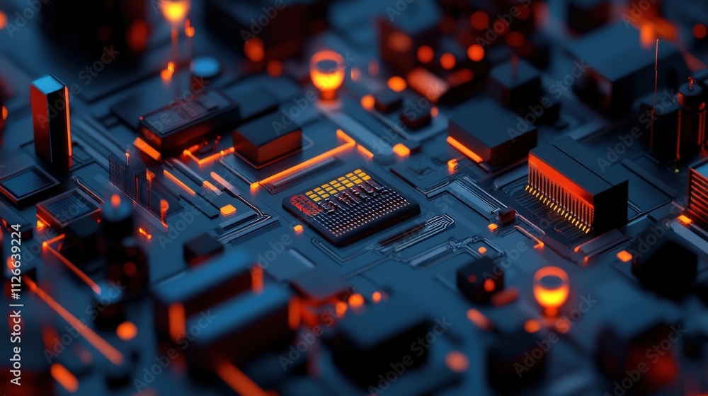 Poster Futuristic Circuit Board with Bright Lights Representing Advanced Technology and Digital Innovation in a Dark Environment