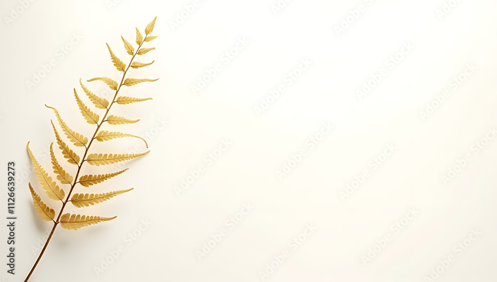 Poster a delicate exotic fern leaf is set against a simple yet elegant gold and white copy space background