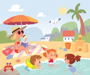 Obraz premium Children bathing and swimming in blue water in tropical sea at tropical resort with palm trees on background. Vector illustration. Mother with kids enjoying summer vacation, rest sunbathing on seasid