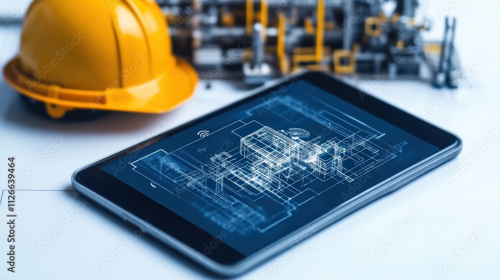 Poster innovative engineering design concept with blueprint on tablet and hard hat in background for modern
