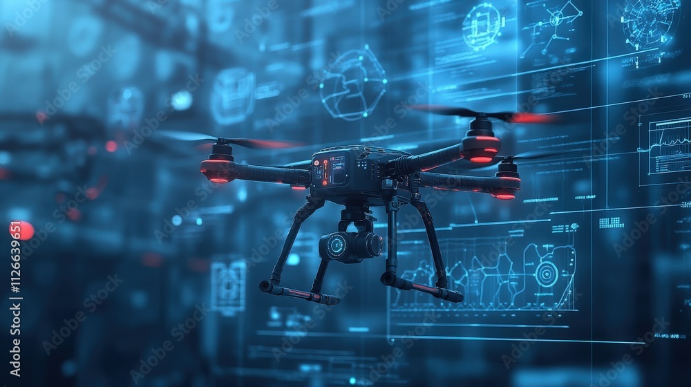 Poster Futuristic Drone Technology with Digital Interface and Data Visualization in a High-Tech Environment for Innovative Solutions and Applications