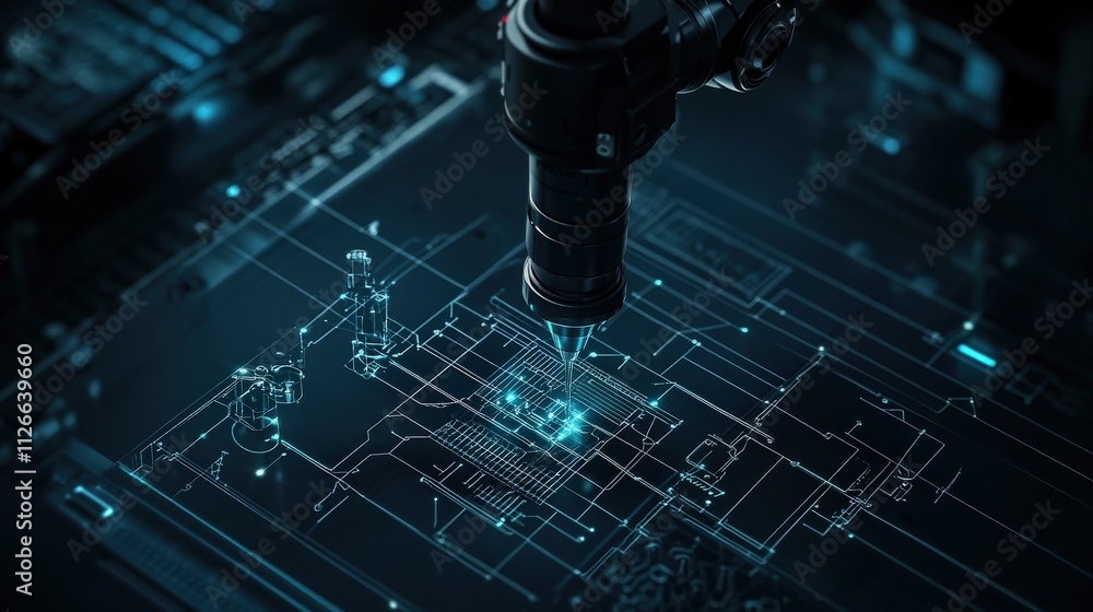 Poster High-Tech Robotic Arm Engaging with Digital Blueprint on Futuristic Interface, Highlighting Precision Engineering and Advanced Technology in Modern Manufacturing Processes