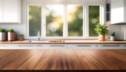 Fototapeta premium Modern kitchen interior with table and wooden design featuring elegant furniture and spacious hardwood floors in a contemporary living space