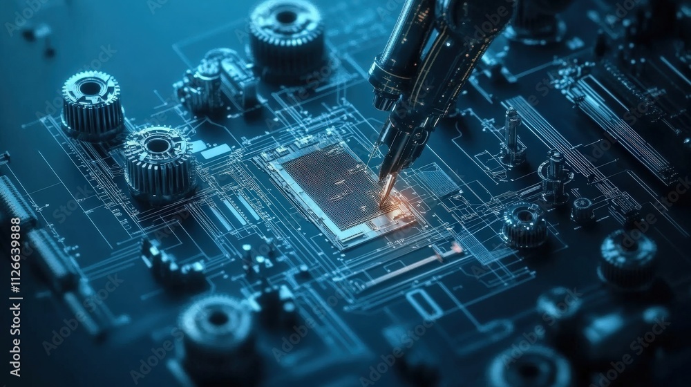 Aufkleber Advanced Robotics Technology in Action: A Close-Up View of a Robotic Arm Interacting with a Circuit Board and Electronic Components in a High-Tech Environment