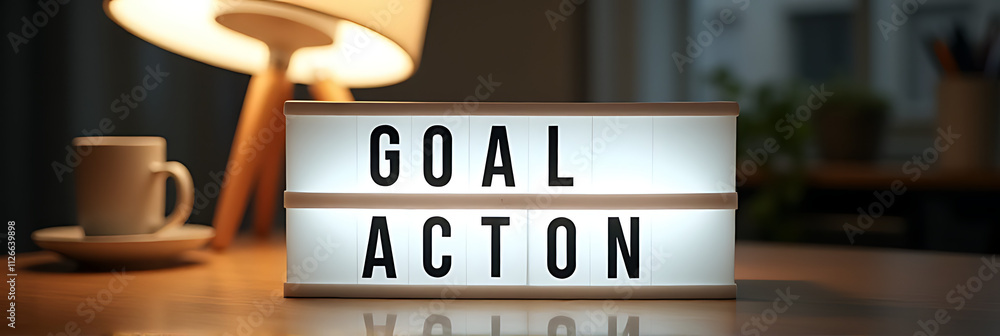 Poster a goal, plan, and action text are placed on a light box on a desk table in a home office for busines