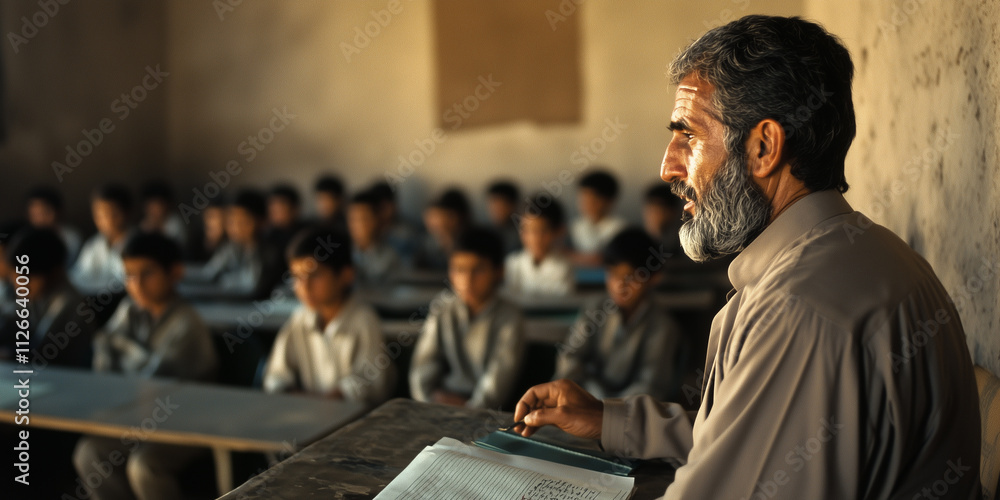 Poster teacher with thoughtful expression is seated at front of classroom, holding book, while students in 