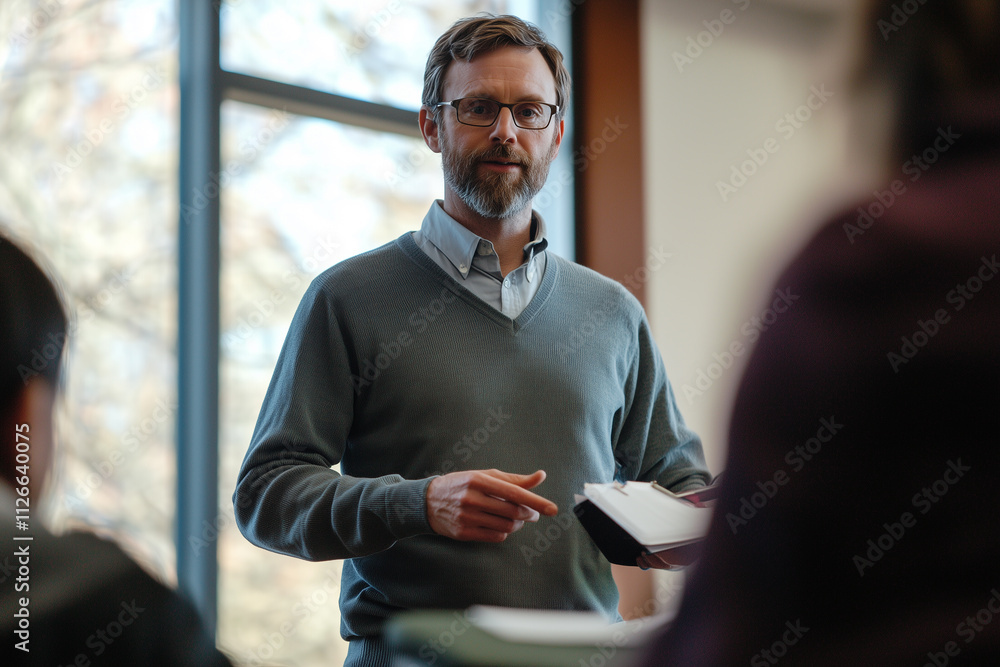 Poster man in teacher outfit stands in classroom, holding papers and engaging with students, with window an
