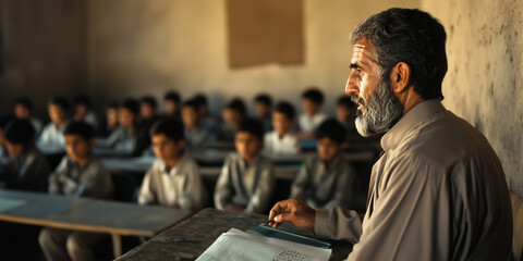 teacher with thoughtful expression is seated at front of classroom, holding book, while students in uniform attentively listen in modest, sunlit classroom