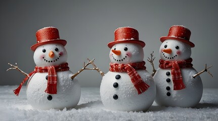 Three snowmen isolated on transparent background.generative.ai 