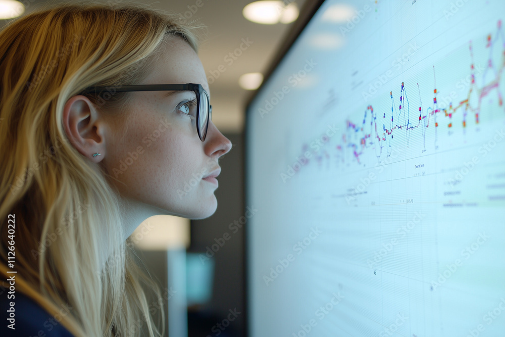 Poster focused woman data analyst examines large screen displaying complex graphs and data visualizations in modern office environment