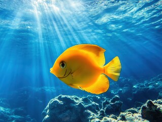 Naklejka premium vibrant yellow fish swimming in clear blue water