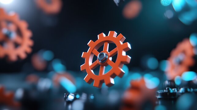 A 3D rendering of an orange gear amidst scattered metallic elements, symbolizing mechanics.