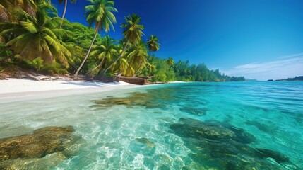 Tropical Beach Paradise With Palm Trees And Clear Water