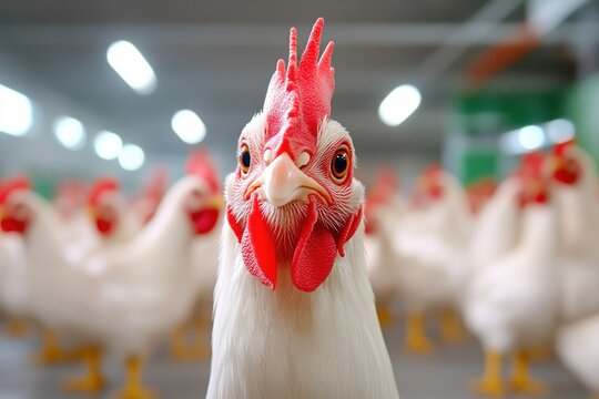 Farm chickens pecking at scattered food in a well-lit indoor barn