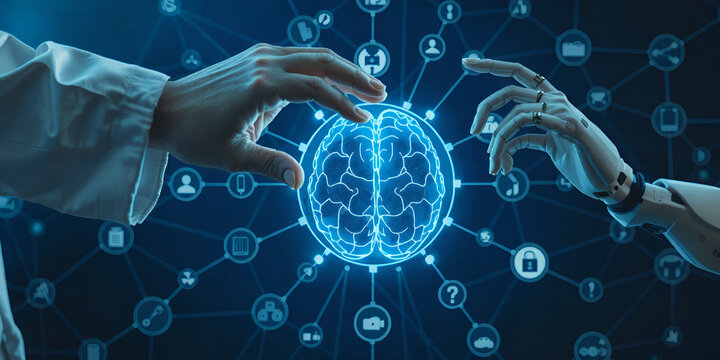 A human hand and a robotic hand gently touch a glowing, translucent brain, symbolizing the collaboration between human expertise and AI  in healthcare. 