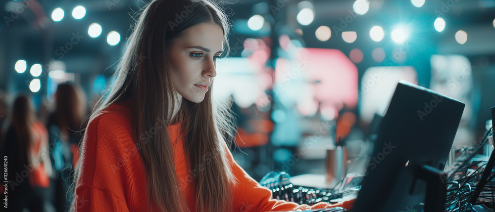 Poster focused woman working on computer in modern, vibrant workspace with blurred lights and people in background, creating dynamic and creative atmosphere