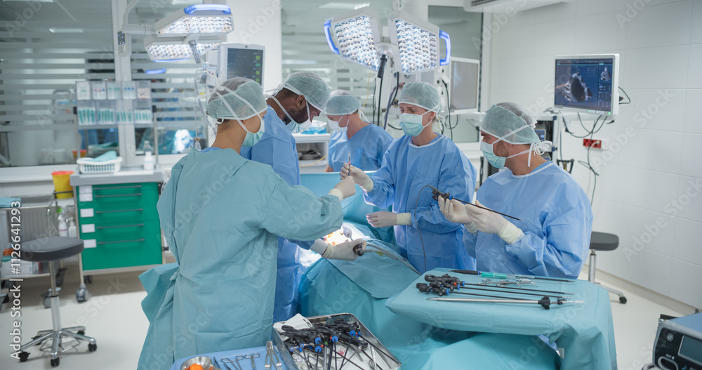 Poster dressed in full protective gear, diverse surgeons and nurses coordinate as a team around the operati