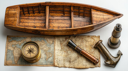 Classic wooden boat model sits elegantly brass compass old maritime maps and polished anchor smooth white surface creating refined nautical aesthetic.