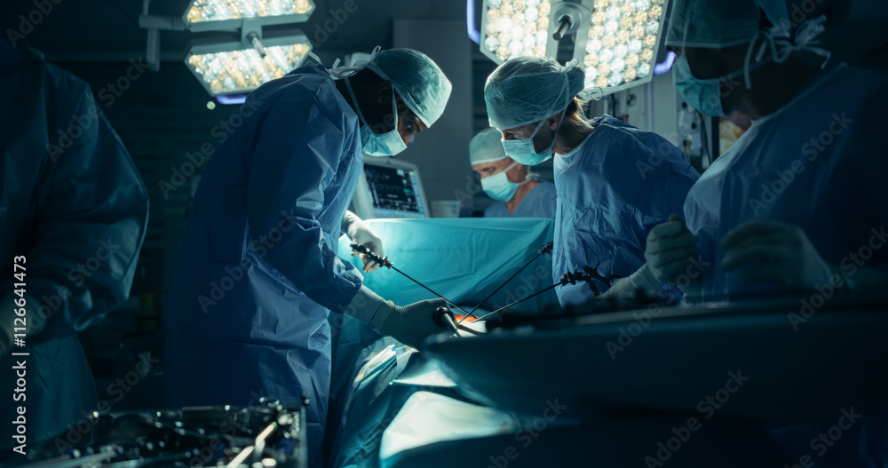 Poster Deep in the Process of an Emergency Surgery, Diverse Team of Healthcare Professionals Navigating Each Stage of the Operation with Extreme Concentration, Uniting Their Skills to Perform the Procedure